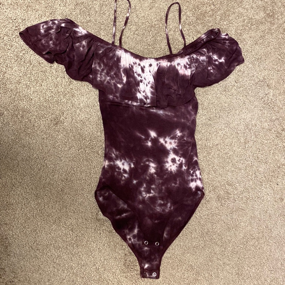 maroon and white tie dye ruffled off shoulder fitted body suit